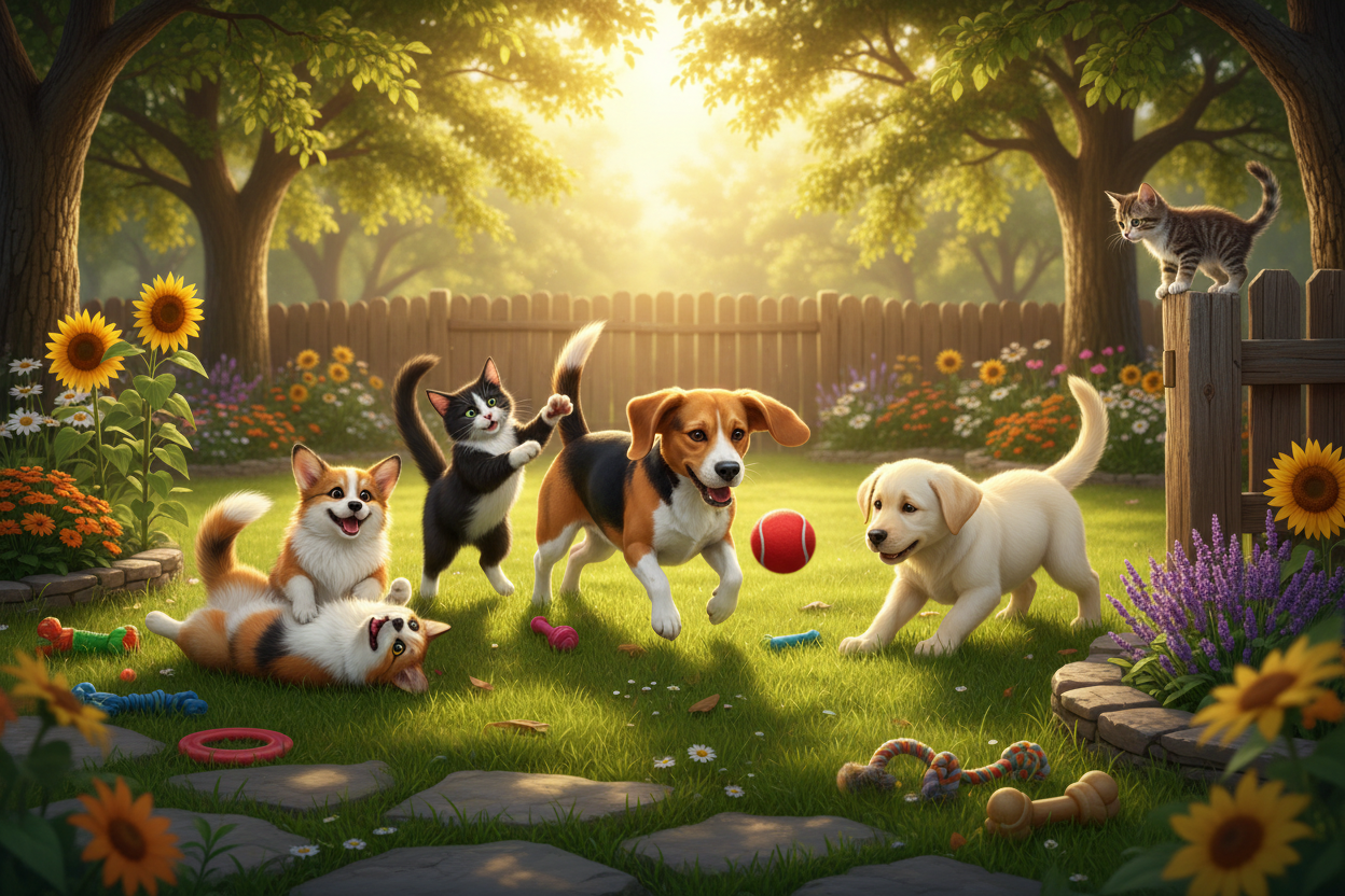 happy cats and dogs playing together